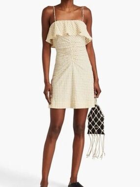 GANNI Seersucker Check Ruched Mini Dress Beige Gingham Size 40 US 6